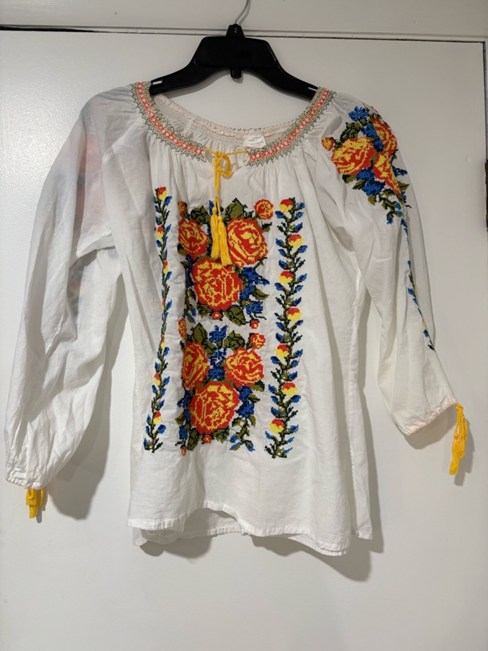 Embroidered Floral Boho Peasant Top - White with Yellow & Blue Roses